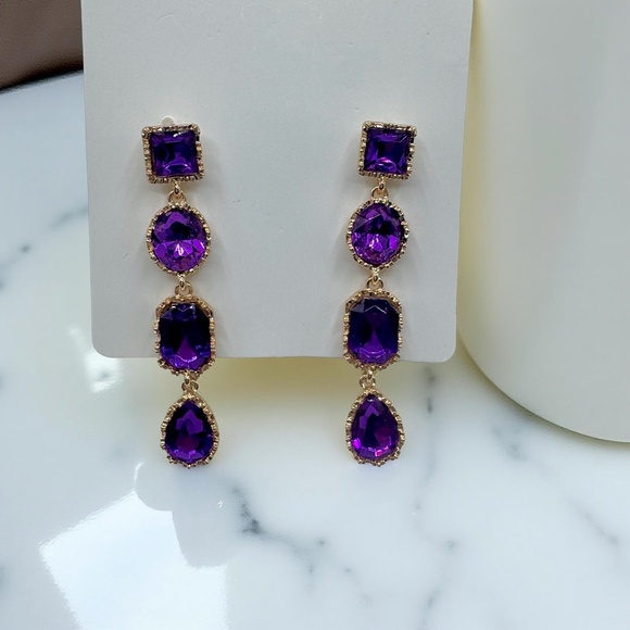 Dramatic Violet Rhinestone Water Drop long Earrings - Picture 1 of 4